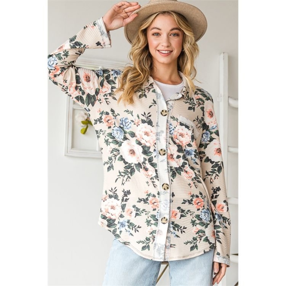 BEIGE ROSES PRINT BUTTON DOWN TOP